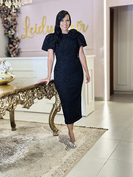 Vestido Tweed detalhe Flor - Preto