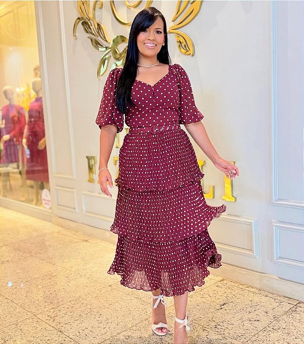 Vestido Chiffon Poá - Marsala