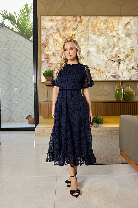 Vestido Midi em Guipir com Veludo