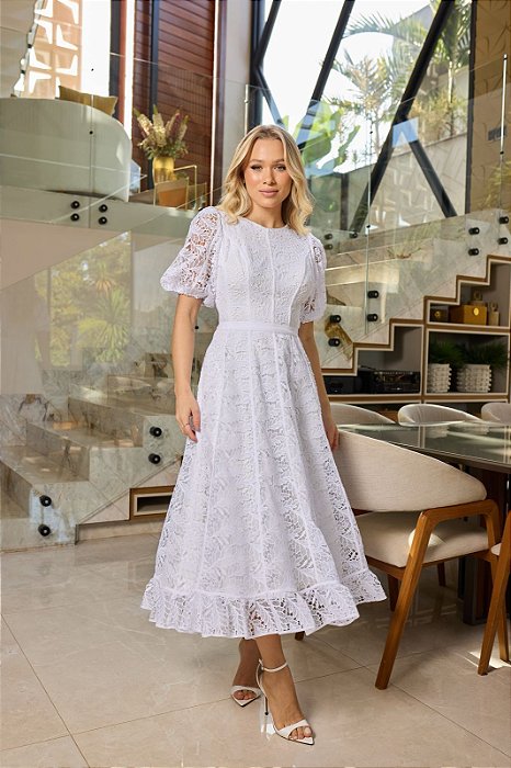 Vestido Midi em Guipir com Veludo