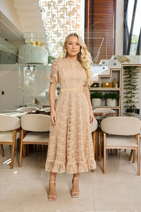 Vestido Midi em Guipir com Veludo