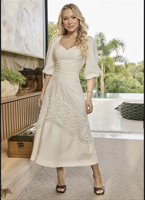 Vestido Midi em Liocel e Renda Guipir