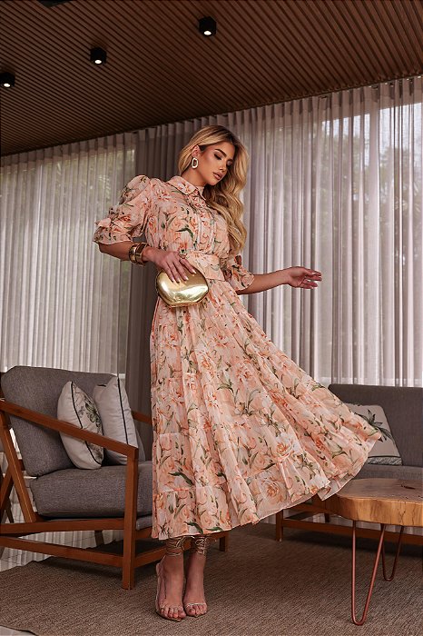 Vestido Midi em Chiffon Floral