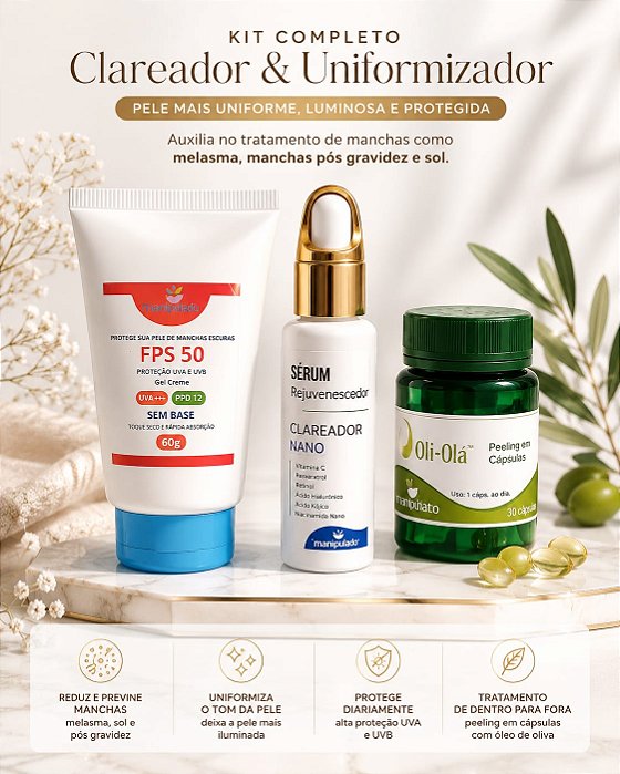 KIT CLAREADOR , SÉRUM, OLI-OLÁ E BLOQUEADOR SOLAR