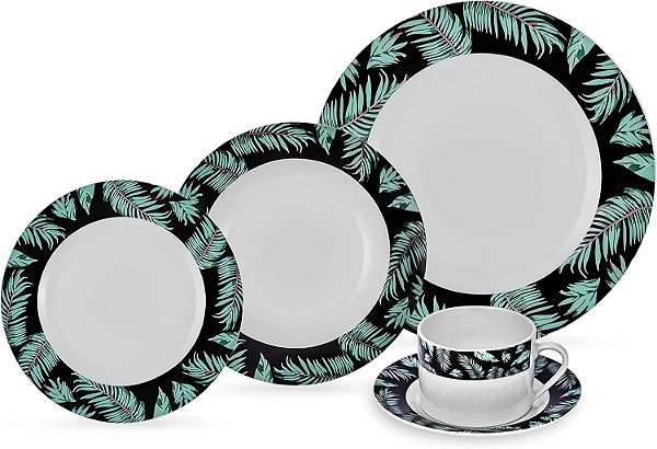 Aparelho de Jantar Folhas com 20 Peças em Porcelana Branca e Verde - Hauskraft
