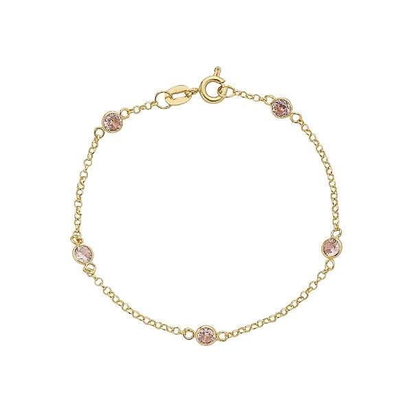 Pulseira Em Ouro Veneziana Infantil Pedra Rosa 10k