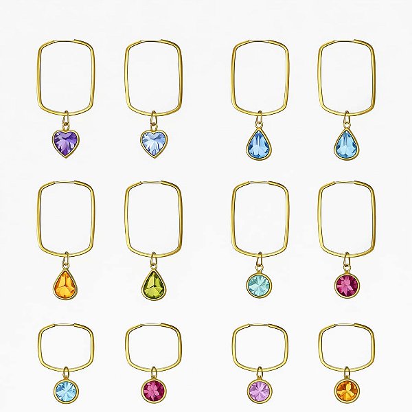 KIT BRINCO RETANGULAR REDONDO 18MM COM PINGENTE 5MM EM OURO