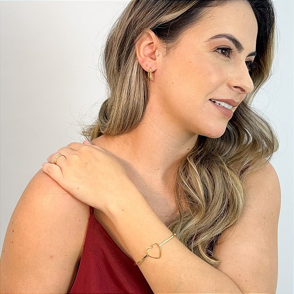 CONJUNTO CORAÇÃO EM OURO - BRACELETE + BRINCO CHATO 19MM