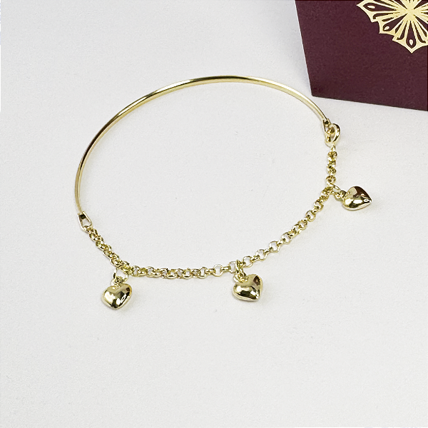 Bracelete Berloques Amendoa 2 Mm 3 Corações Amarelo Em Ouro Dourado 6.5 Cm 19 Cm