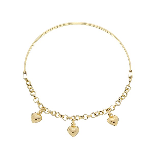 BRACELETE BERLOQUES CHATO 2 MM 3 CORAÇÕES AMARELO EM OURO 19 CM