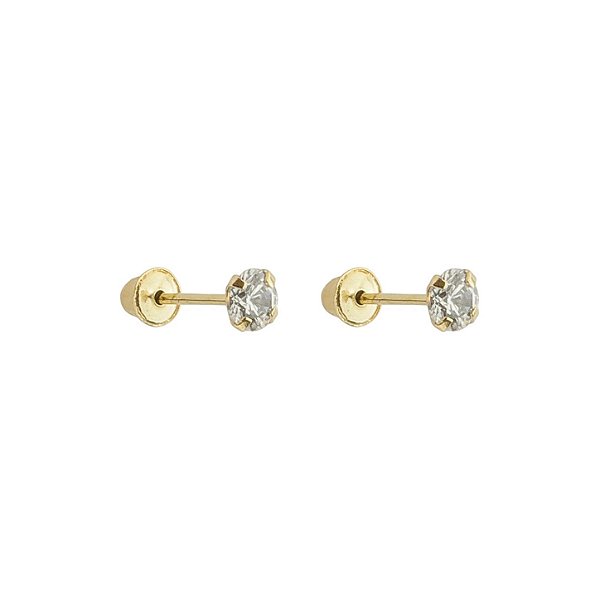 Brinco com Tarraxa Ponto de Luz Zircônia Branco 3mm em Ouro 18k