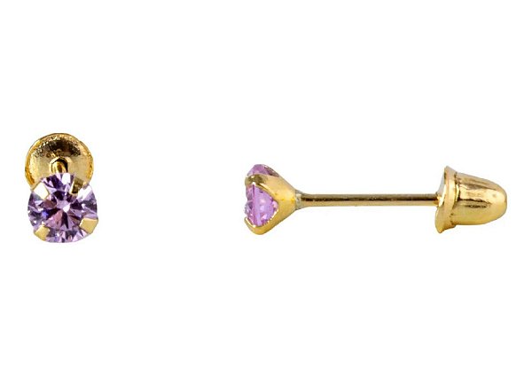 Brinco com Tarraxa Ponto de Luz Zircônia Rosa Claro 3mm em Ouro 18k