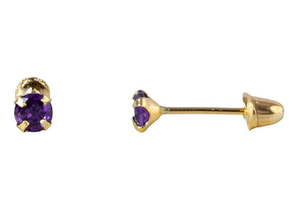 Brinco com Tarraxa Ponto de Luz Zircônia Lilás 3mm em Ouro 18k