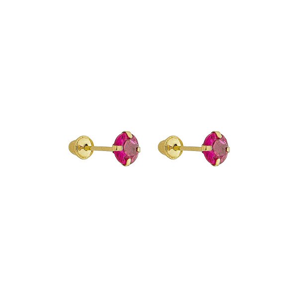 Brinco com Tarraxa Ponto de Luz Zircônia Rosa 4mm em Ouro 18k