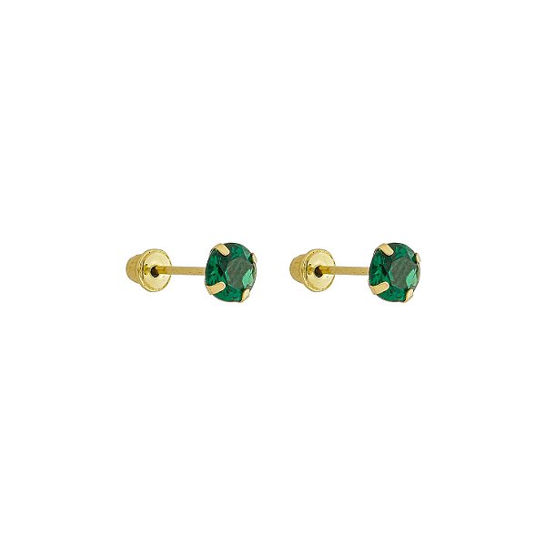 Brinco com Tarraxa Ponto de Luz Zircônia Verde 4mm em Ouro 18k