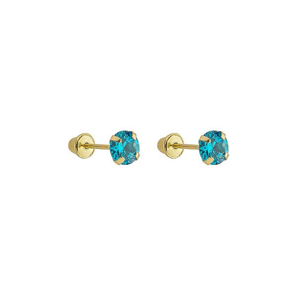 Brinco com Tarraxa Ponto de Luz Zircônia Azul Claro 4mm em Ouro 18k