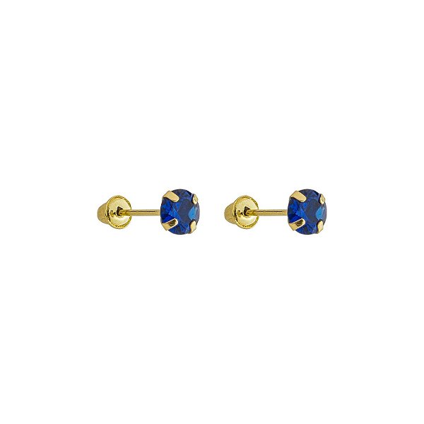 Brinco com Tarraxa Ponto de Luz Zircônia Azul 4mm em Ouro 18k