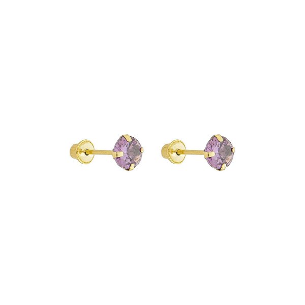 Brinco com Tarraxa Ponto de Luz Zircônia Lilás 4mm em Ouro 18k