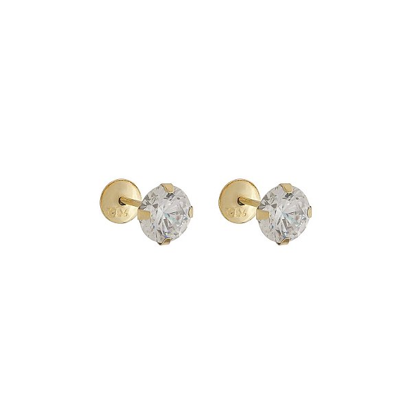 Brinco com Tarraxa Ponto de Luz Zircônia Branco 5mm em Ouro 18k