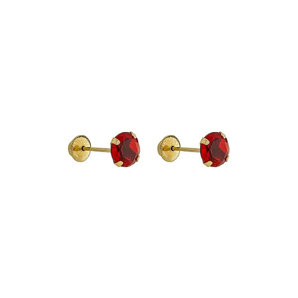 Brinco com Tarraxa Ponto de Luz Zircônia Vermelho 5mm em Ouro 18k