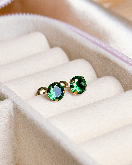 Brinco com Tarraxa Ponto de Luz Zircônia Verde 5mm em Ouro 18k