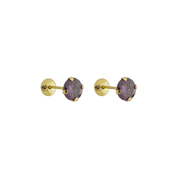 Brinco com Tarraxa Ponto de Luz Zircônia Lilás 5mm em Ouro 18k
