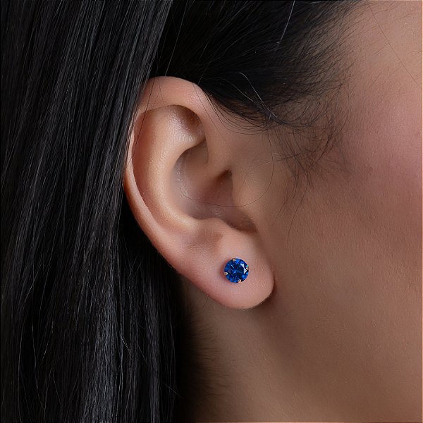 Brinco com Tarraxa Ponto de Luz Zircônia Azul 6mm em Ouro 18k