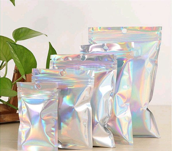 Kit com 5 Saco Zip Holográfico Frente Transparente C/furo