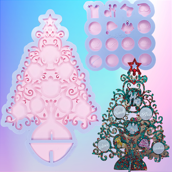 KIT Molde de Silicone Árvore de Natal 22cm + Paleta com 16 Cavidades