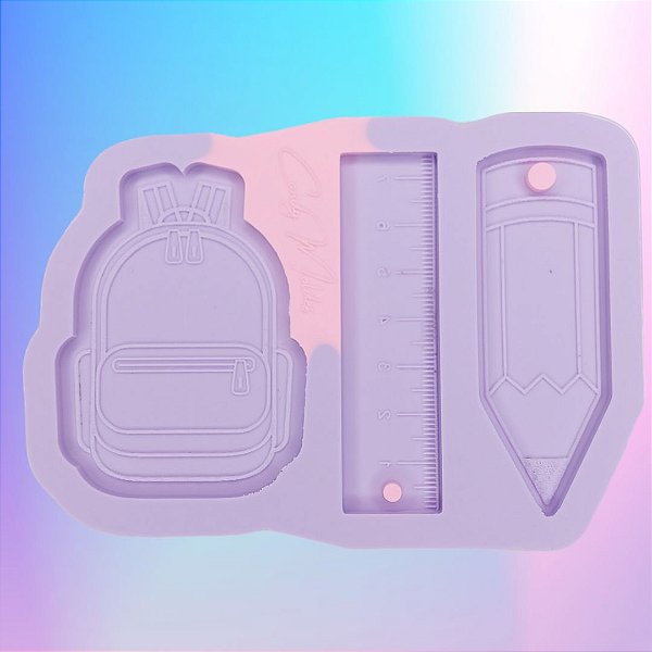 Molde de Silicone Volta às Aulas 3 Cavidades Régua Mochila Lápis