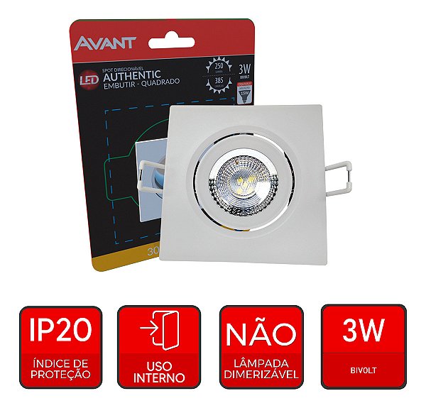 SPOT LED SUPIMPA QUADR. 3W 3000K - AVANT