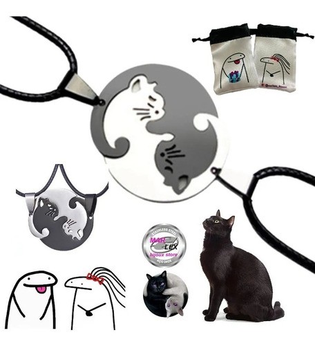 Colar Duplo Love Cats Titanio Gatos Yin Yang Namorados +bag