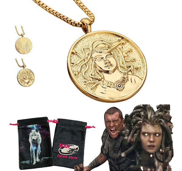 Colar Medalha Grega Medusa Serpente Aço Inox + Bag Lobo