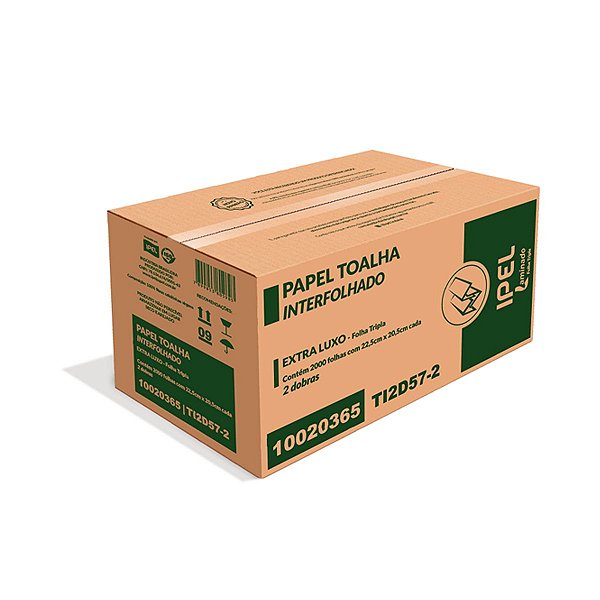 Caixa Papel Toalha Interfolhada 2 dobras Folha Tripla IPEL ELX 22,5cm x 20,5cm - 2000 Fls