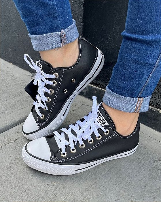 Converse All Star Baixo Preto Couro