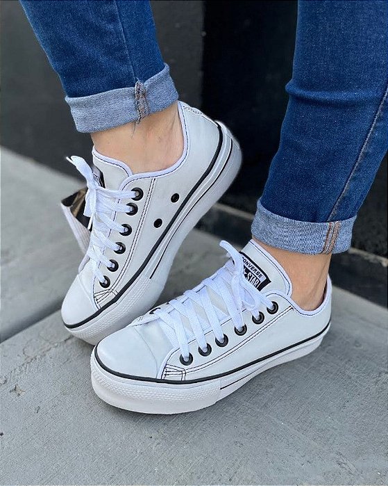 All star plataforma feminino branco couro linha preta