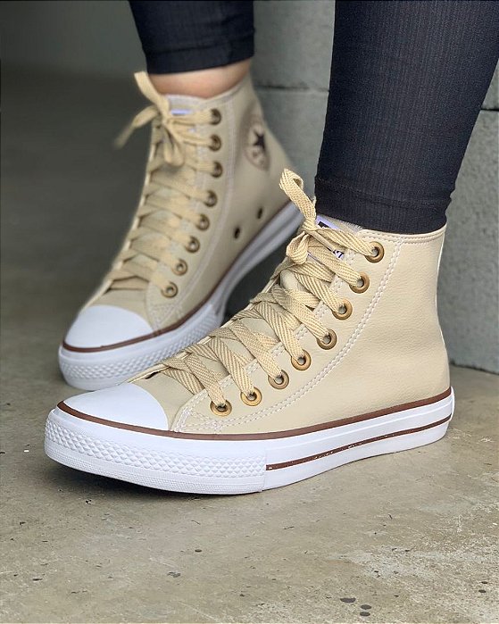 Converse All Star Alto Bege Couro