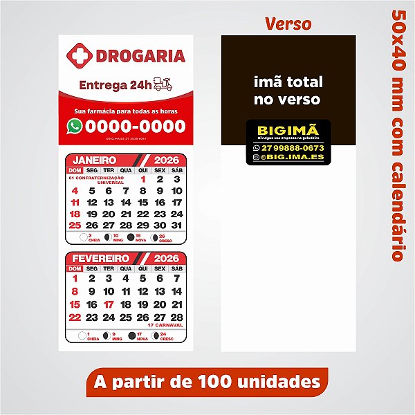 3. Ímã com calendário 2026 - 50x40 mm - 100 unidades