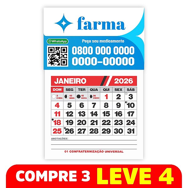 Ímã com calendário 2026 - 80x50 mm - 1.000 un