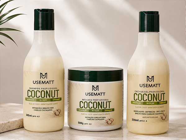 Kit Coconut para cabelos cacheados, Shampoo, máscara e gel definidor