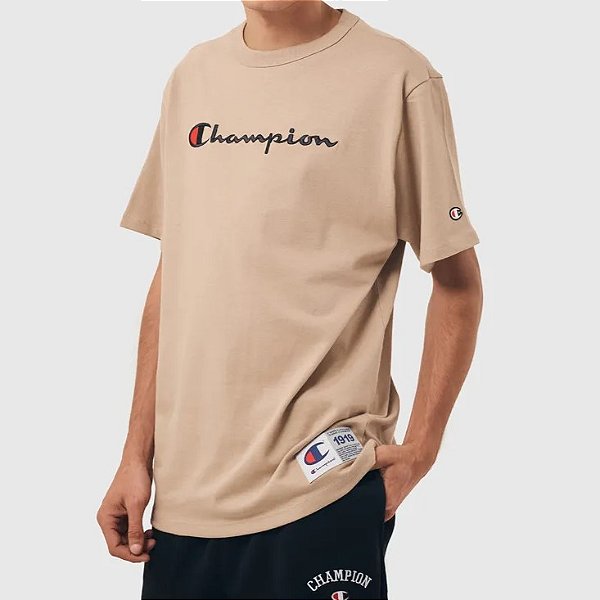 Camiseta Champion Logo Embroidery Script Dark Khaki