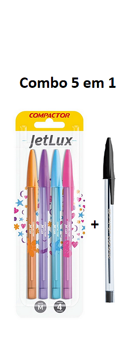 Kit 4 Canetas Coloridas e 1 Preta Compactor Jetlux - Lofi