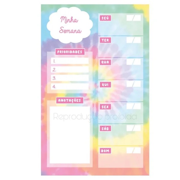 Bloco Planner Semanal TieDye 30 Folhas Prioridades Anotações