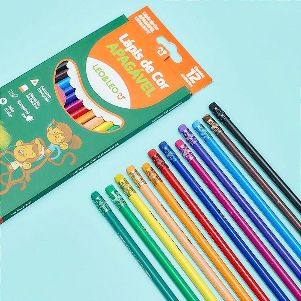 Kit Lápis de Cor Apagável 12 Cores Borracha