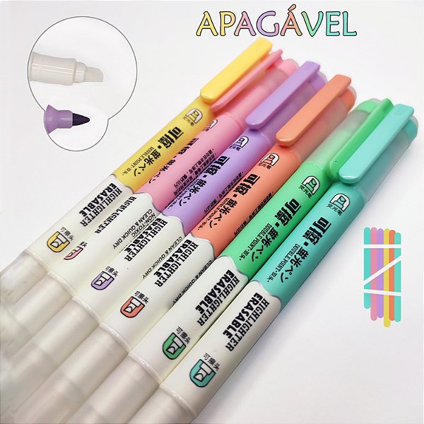 Kit 6 Marca Texto Apagável Duas Pontas