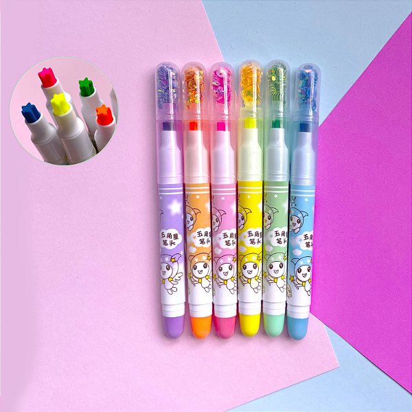 Kit 6 Marca Texto Fofo Carimbo Estrela Lantejoula