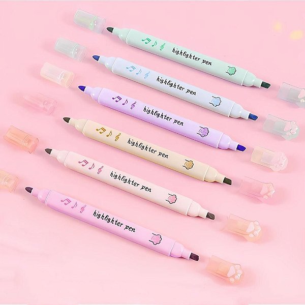 Kit 6 Marca Texto Fofo Duas Pontas Gatinho Patinha Cores Pastel