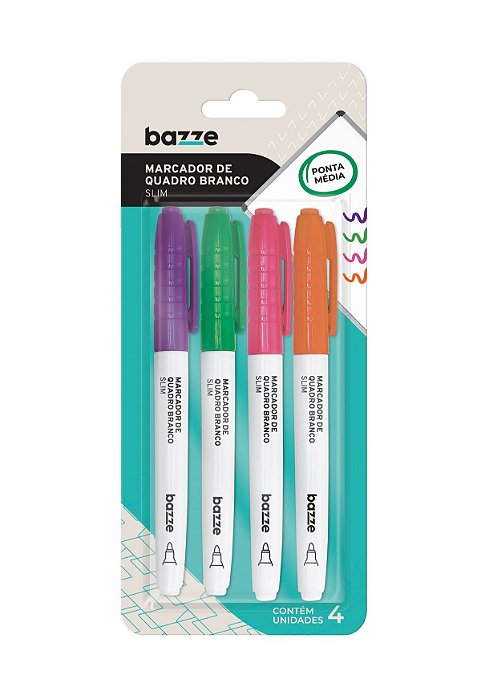 Marcador de Quadro Branco Slim Ponta Média Bazze 4 Cores
