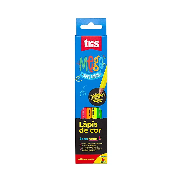 Conjunto 6 Lápis de Cor MEGASOFT Neon TRIS Alta Pigmentação