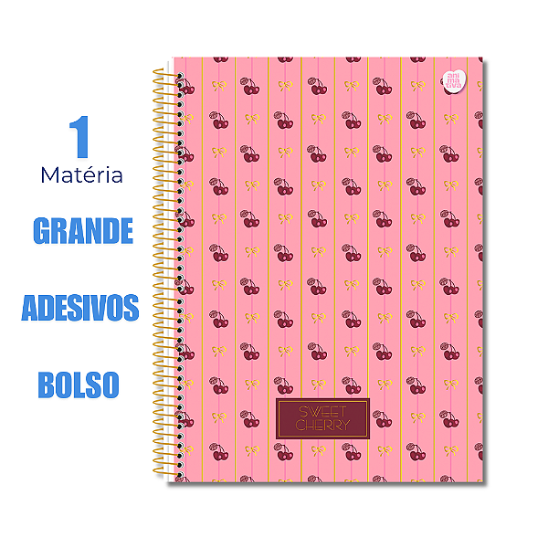 Caderno Universitário 1 Matéria 80 Folhas Sweet Cherry Listras Douradas